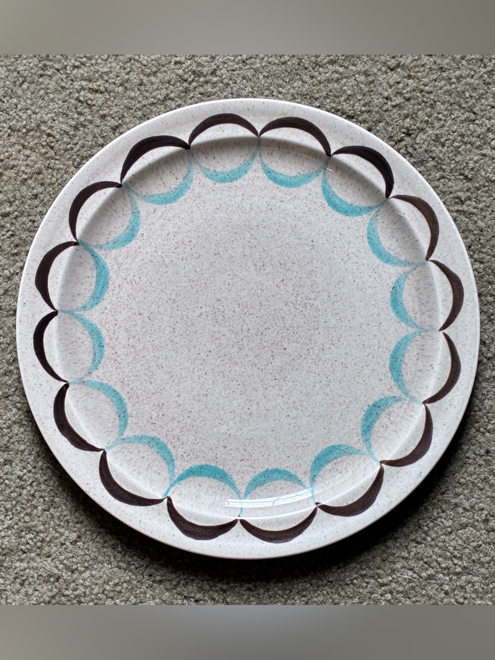 Red Wing Hand Painted Speckled Ceramic Dinner Plate with Aqua & Brown Border USA